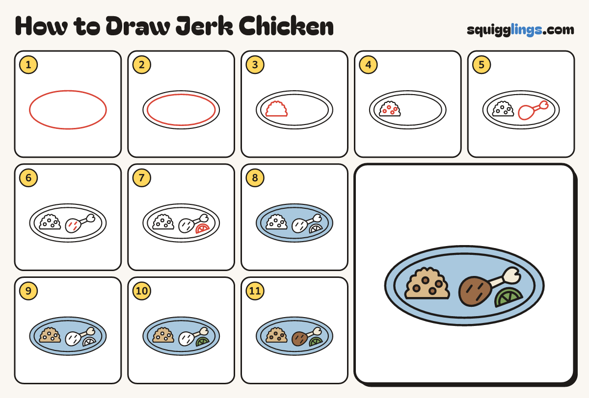 How to Draw Jerk Chicken step by step: all 11 steps in one picture