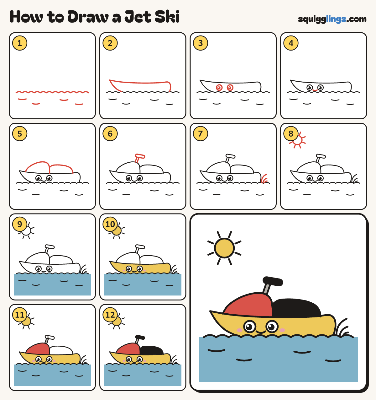 How to Draw a Jet Ski step by step: all 12 steps in one picture