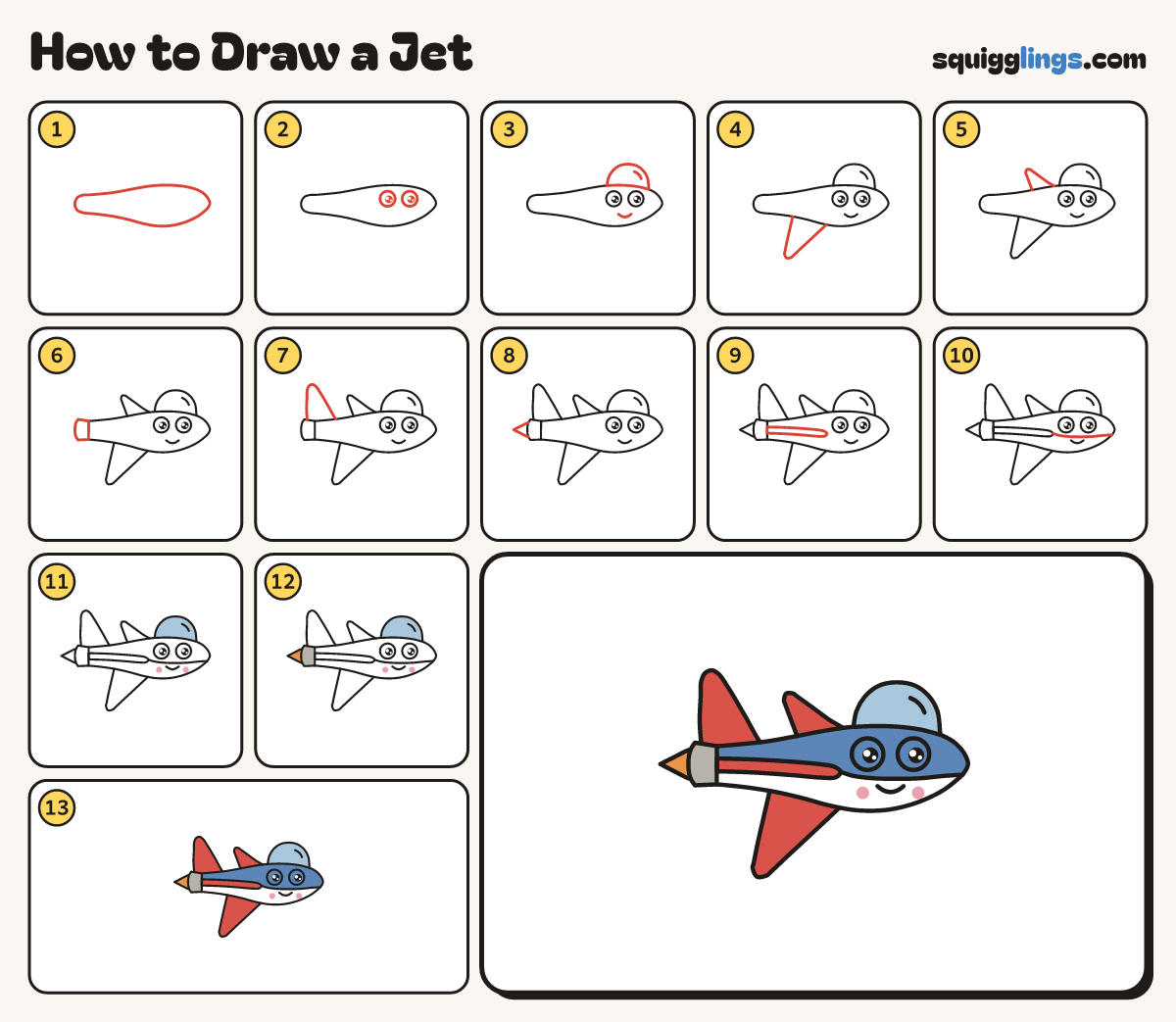 How to Draw a Jet step by step: all 13 steps in one picture