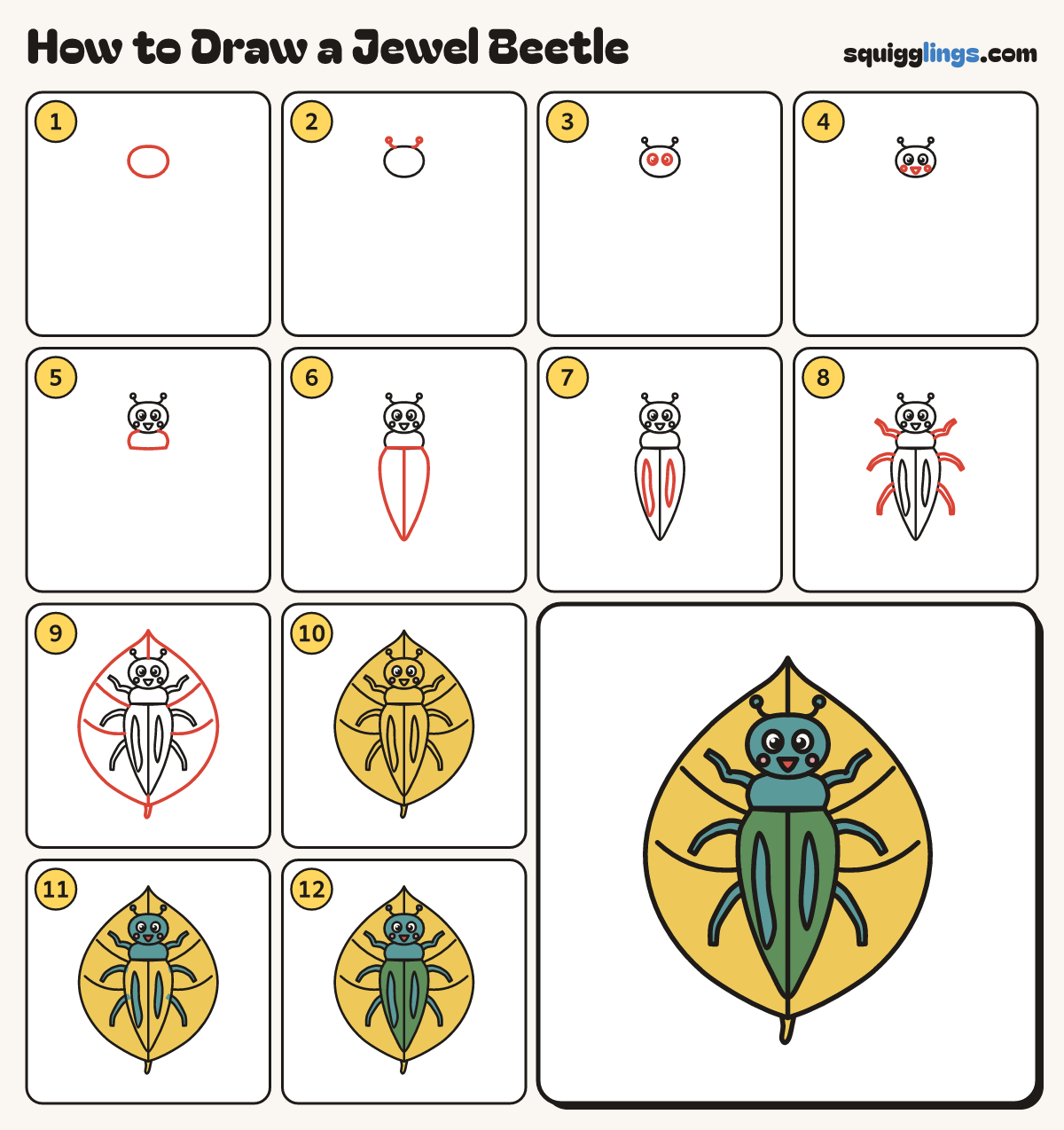 How to Draw a Jewel Beetle step by step: all 12 steps in one picture