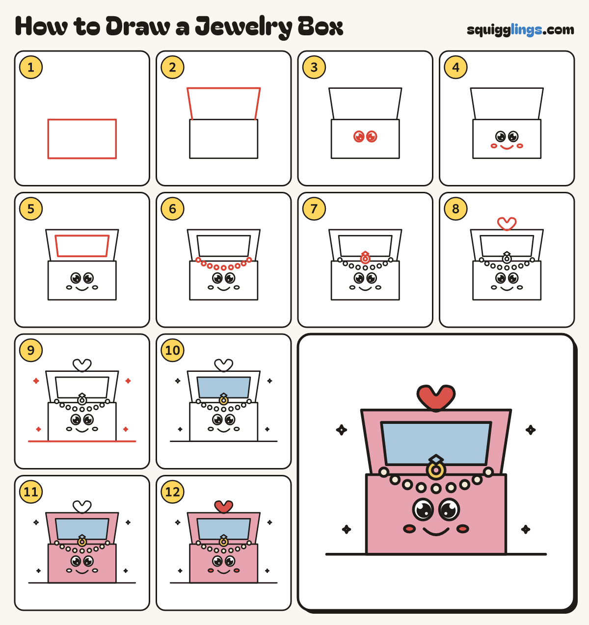 How to Draw a Jewelry Box step by step: all 12 steps in one picture