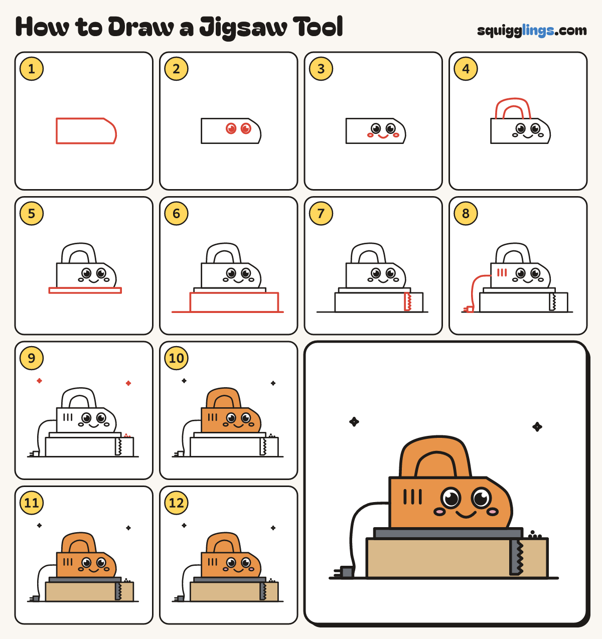 How to Draw a Jigsaw Tool step by step: all 12 steps in one picture