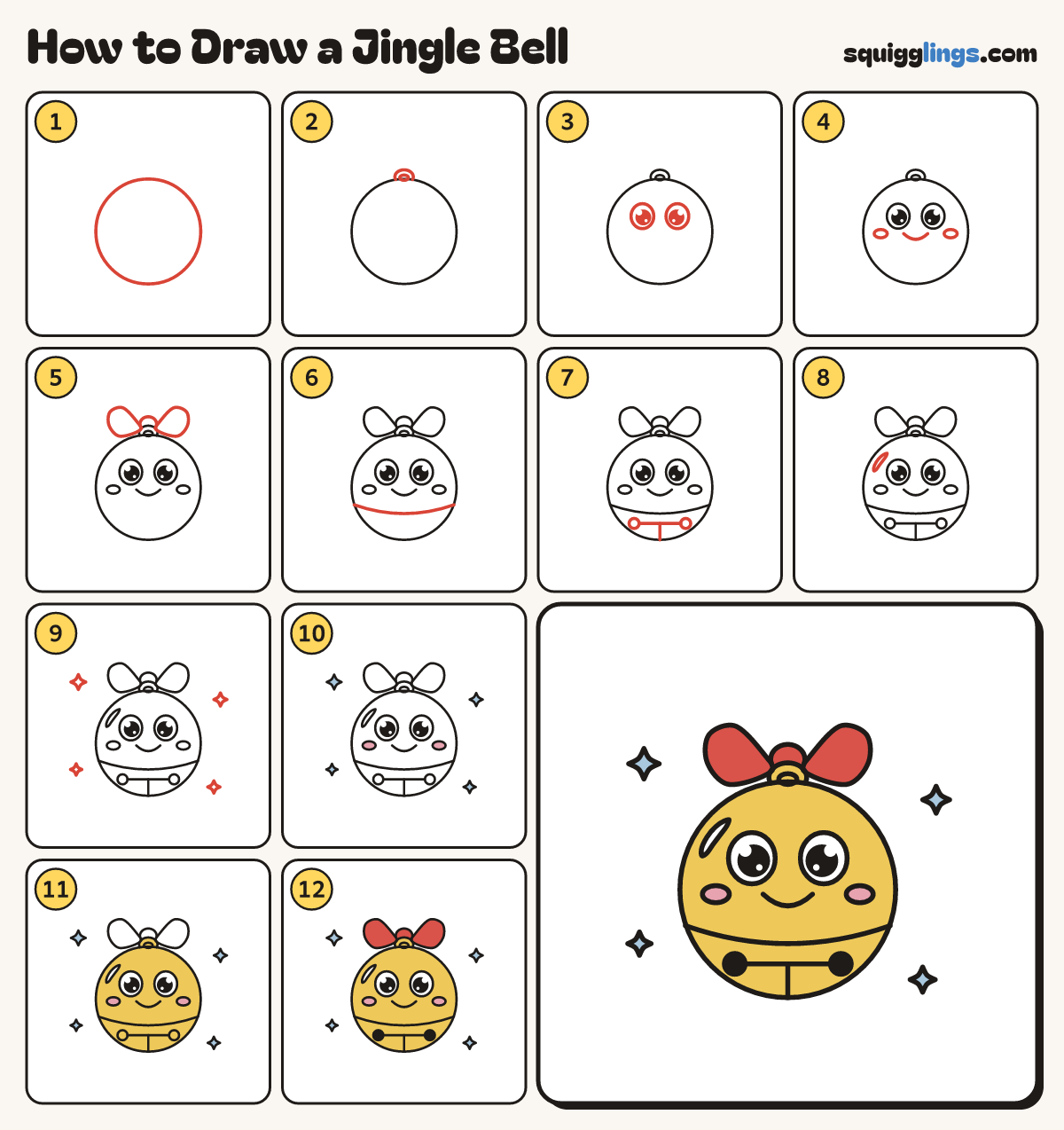 How to Draw a Jingle Bell step by step: all 12 steps in one picture