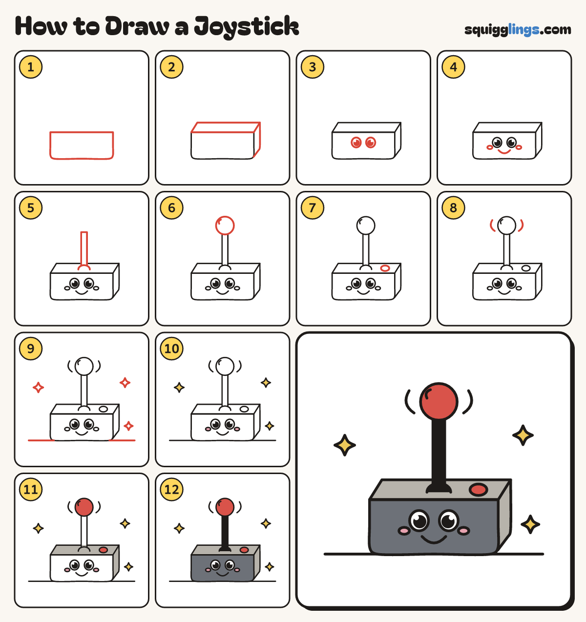 How to Draw a Joystick step by step: all 12 steps in one picture