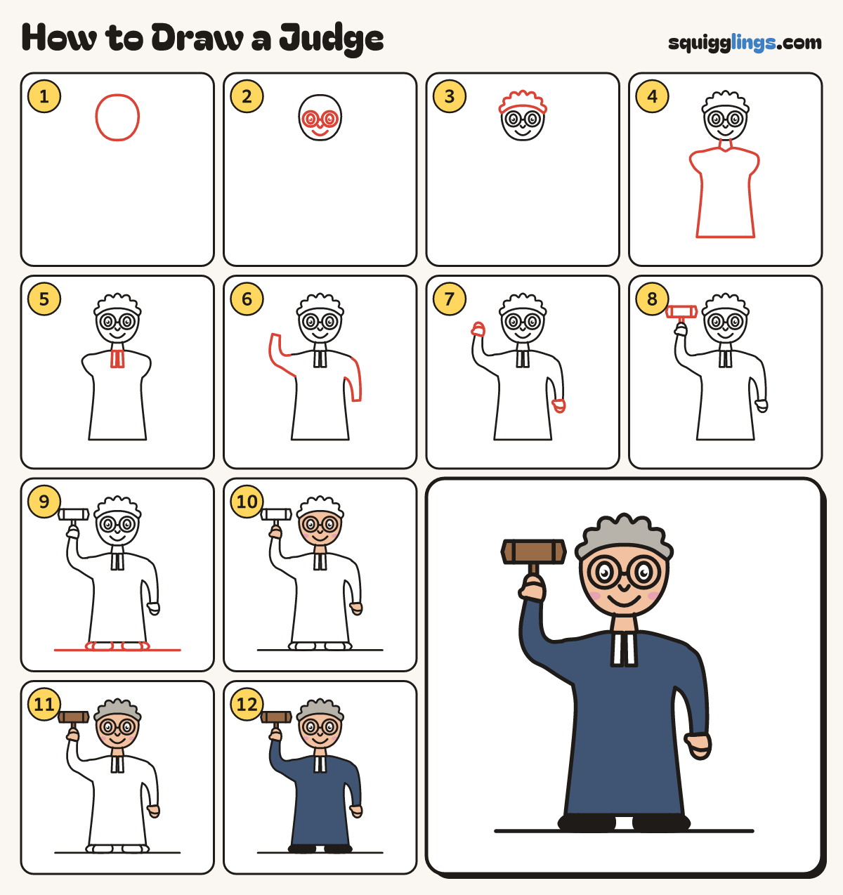 How to Draw a Judge step by step: all 12 steps in one picture