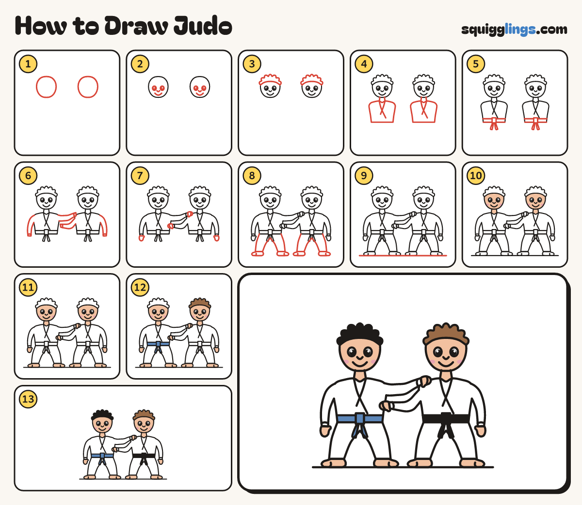 How to Draw Judo step by step: all 13 steps in one picture