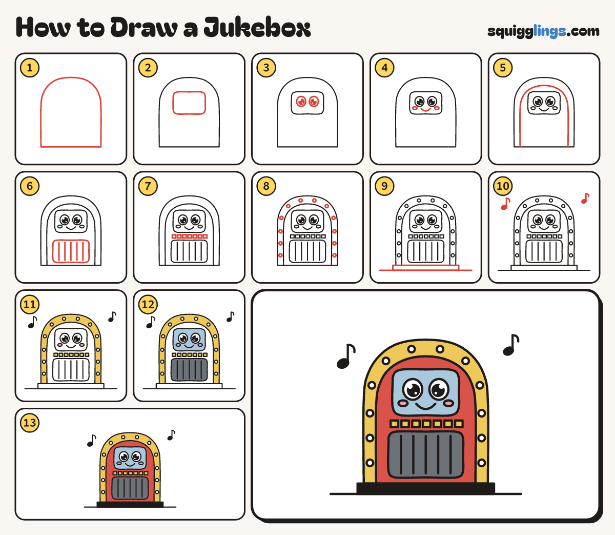 How to Draw a Jukebox step by step: all 13 steps in one picture