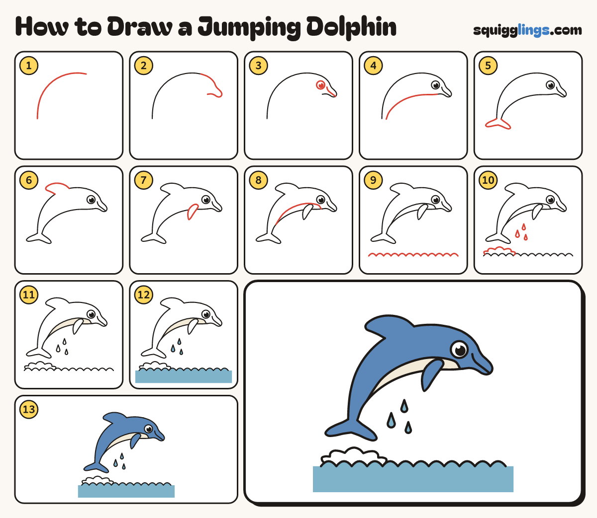 How to Draw a Jumping Dolphin step by step: all 13 steps in one picture