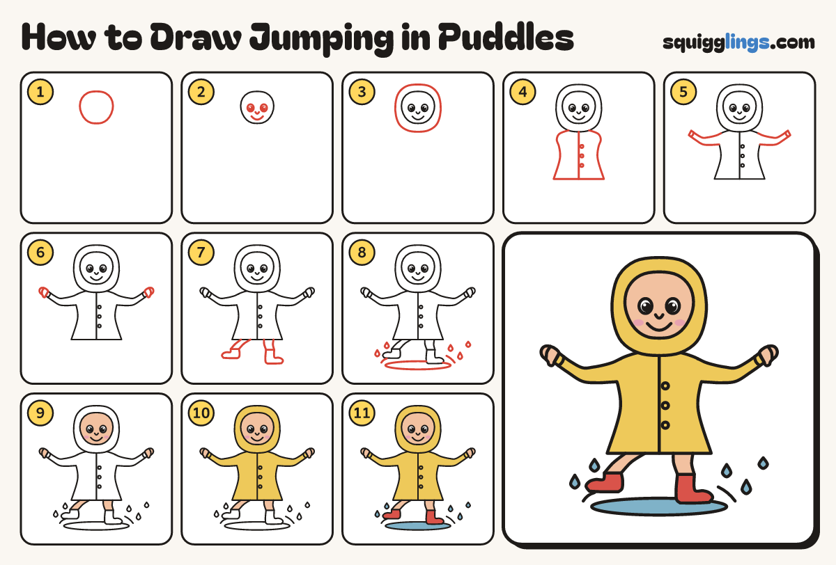 How to Draw Jumping in Puddles step by step: all 11 steps in one picture