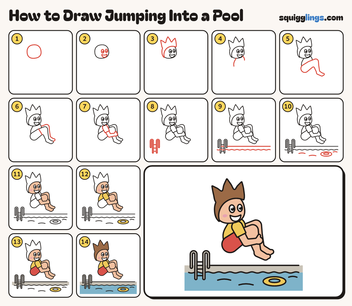 How to Draw Jumping Into a Pool step by step: all 14 steps in one picture