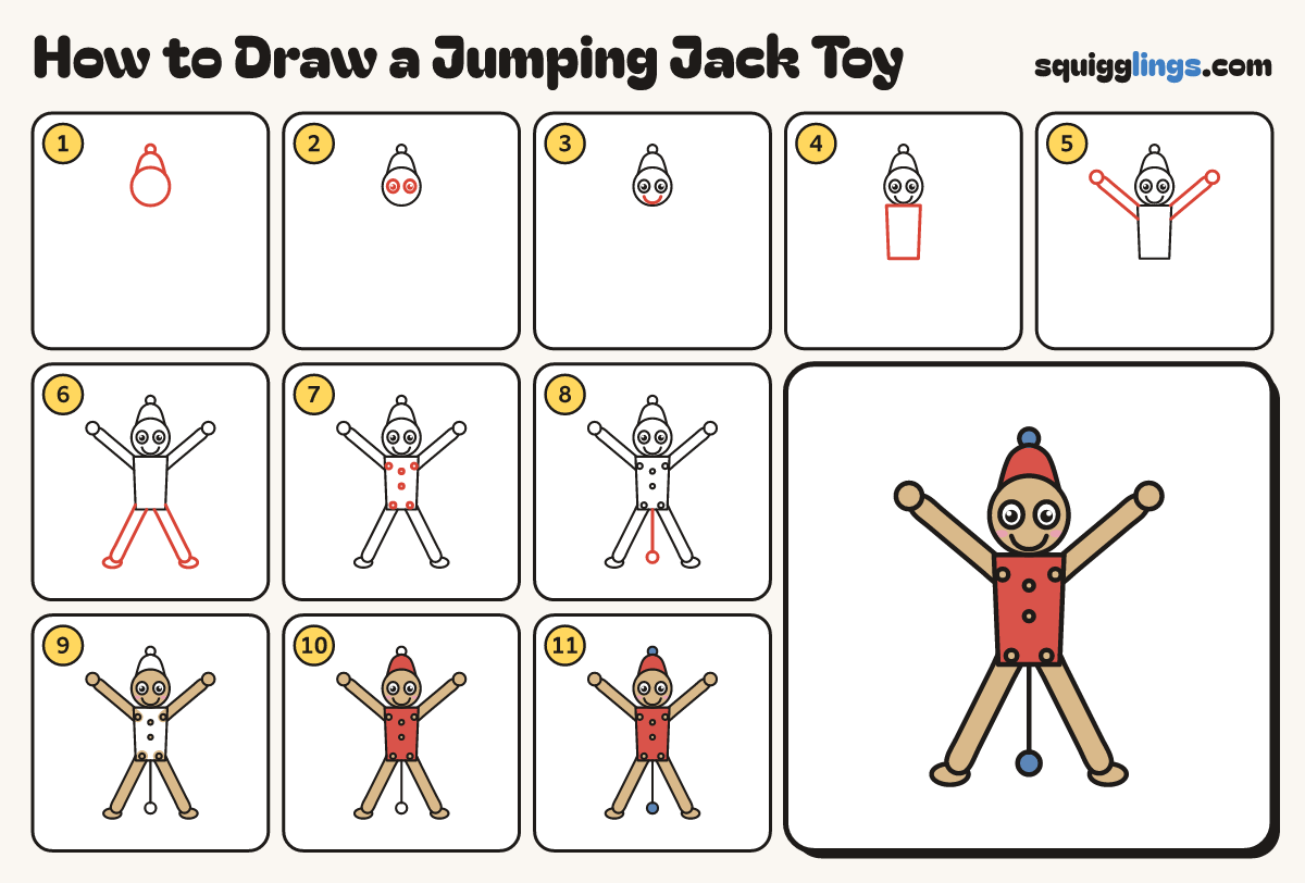 How to Draw a Jumping Jack Toy step by step: all 11 steps in one picture