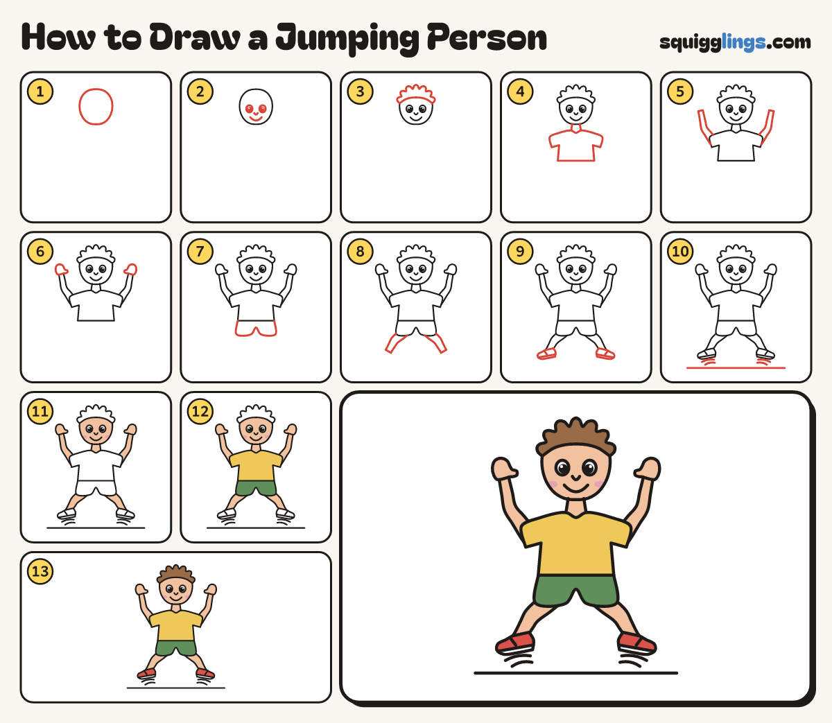 How to Draw a Jumping Person step by step: all 13 steps in one picture