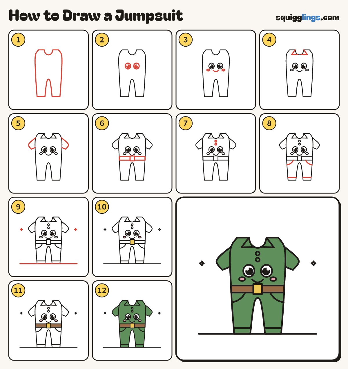 How to Draw a Jumpsuit step by step: all 12 steps in one picture