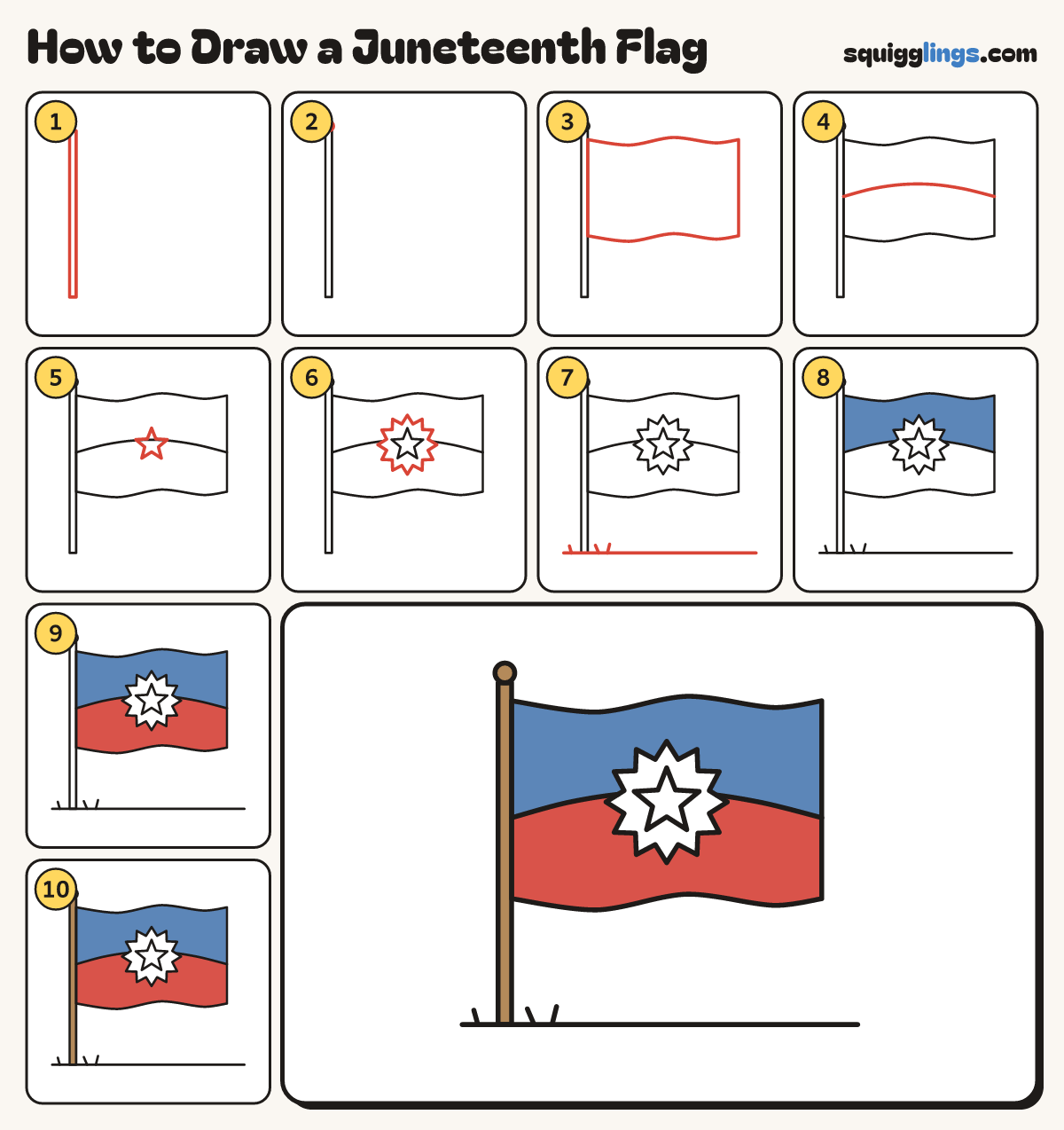 How to Draw a Juneteenth Flag step by step: all 10 steps in one picture