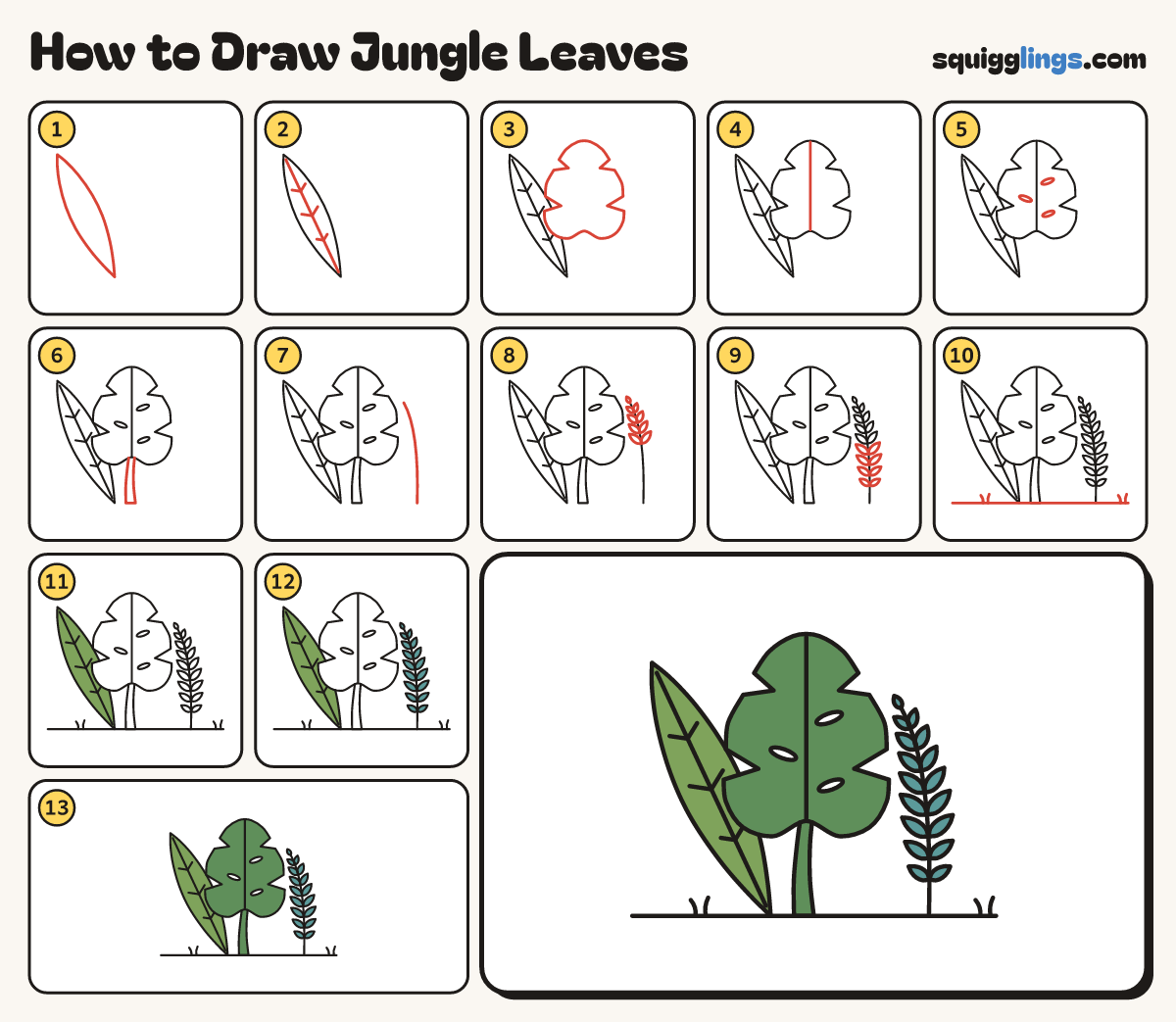 How to Draw Jungle Leaves step by step: all 13 steps in one picture