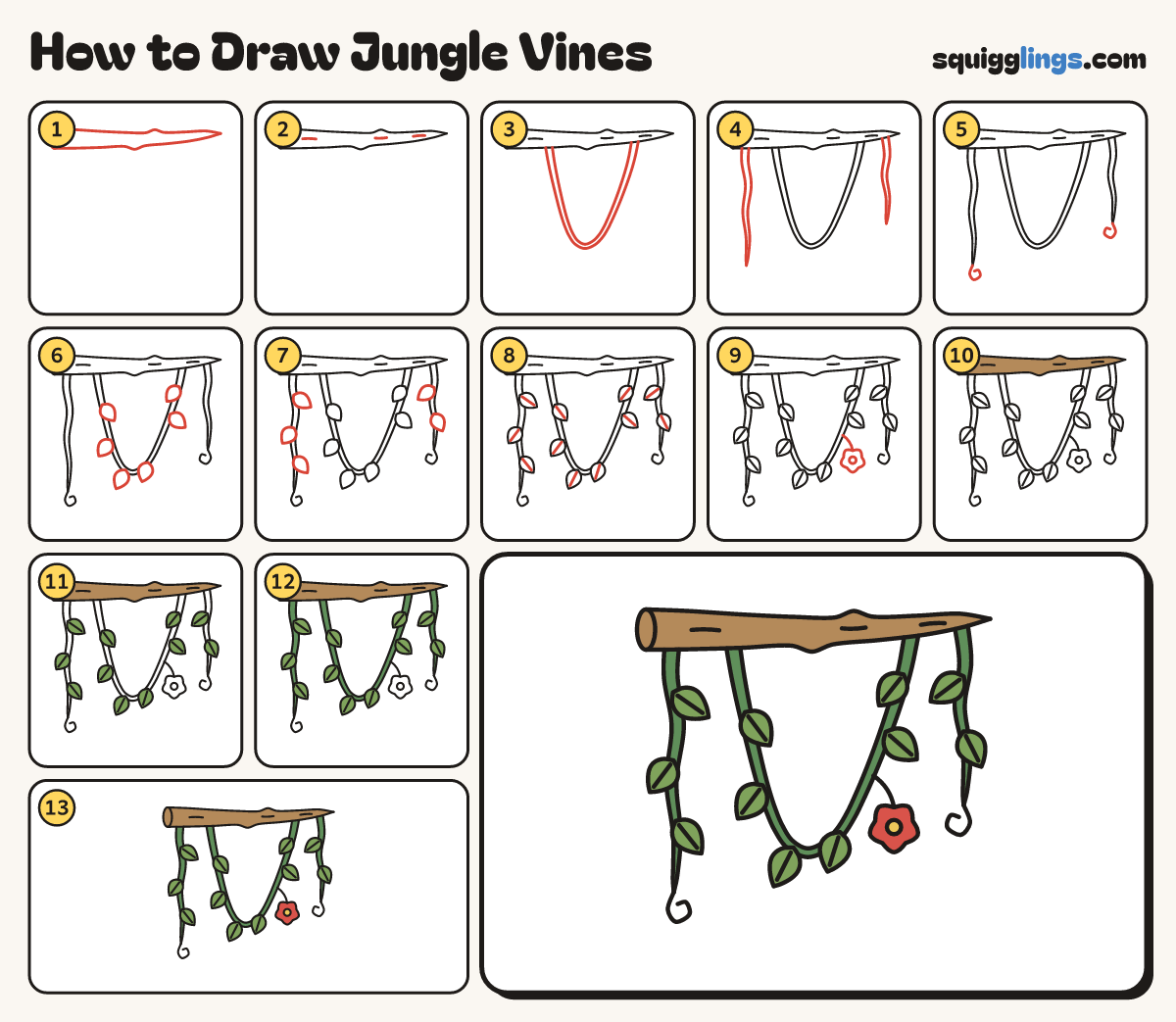 How to Draw Jungle Vines step by step: all 13 steps in one picture