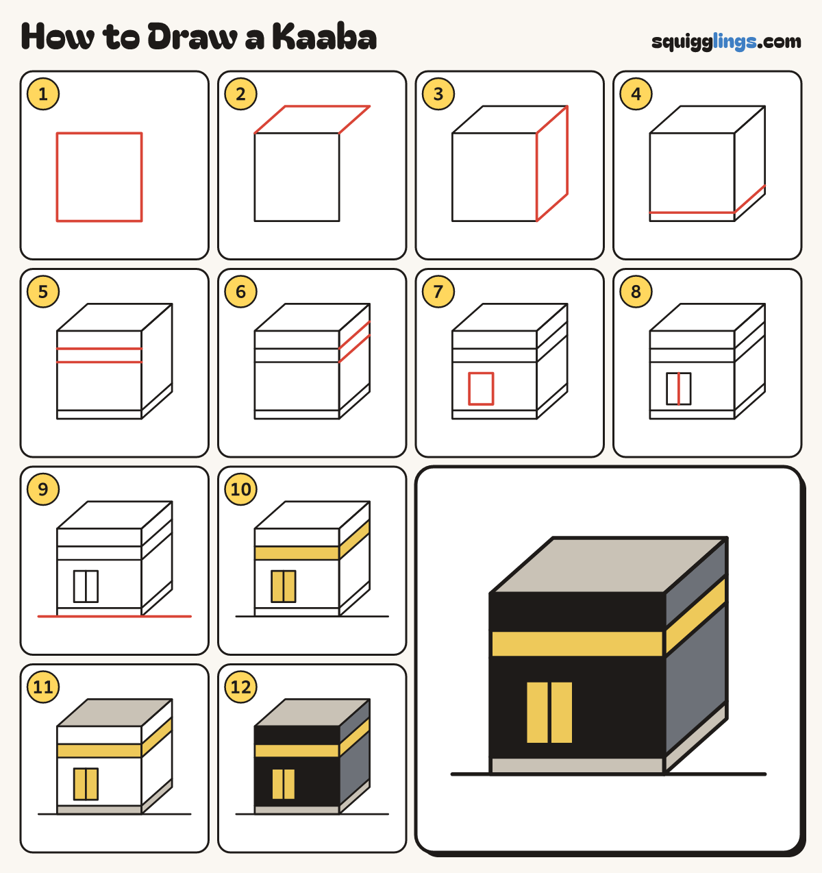 How to Draw a Kaaba step by step: all 12 steps in one picture