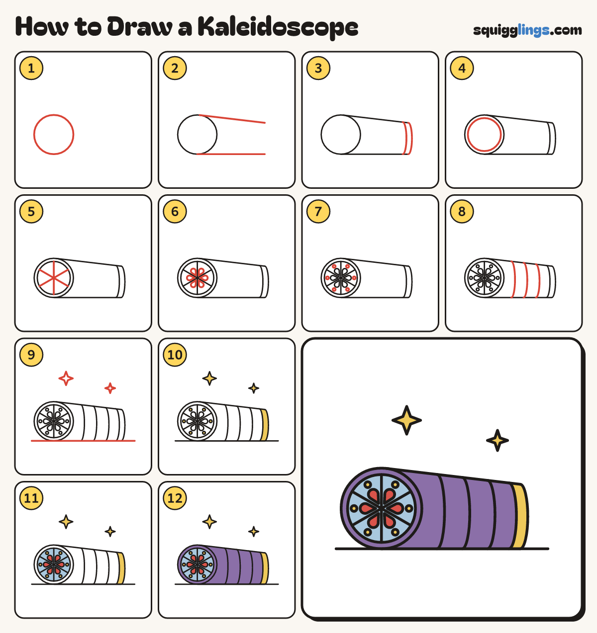 How to Draw a Kaleidoscope step by step: all 12 steps in one picture