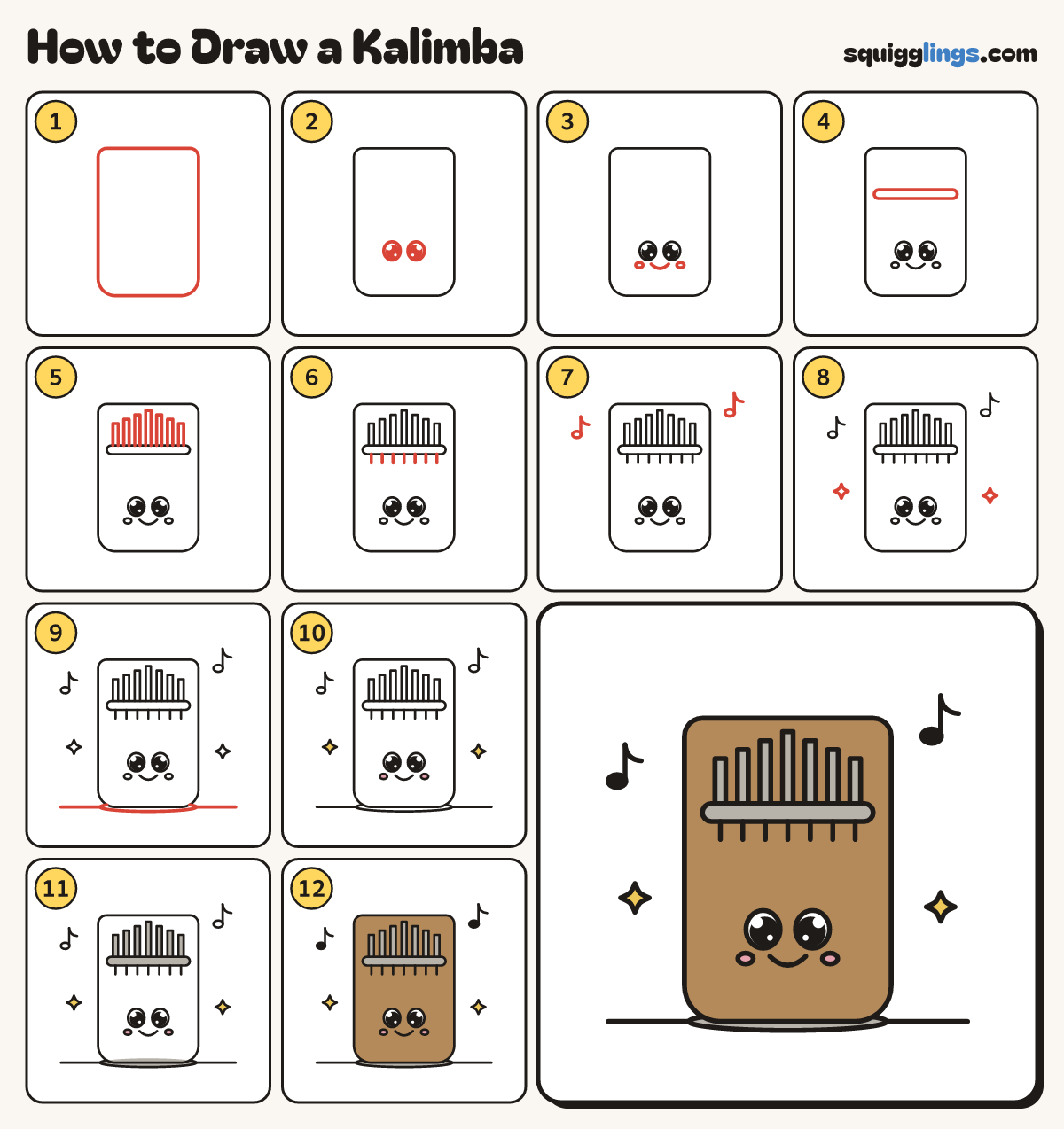 How to Draw a Kalimba step by step: all 12 steps in one picture