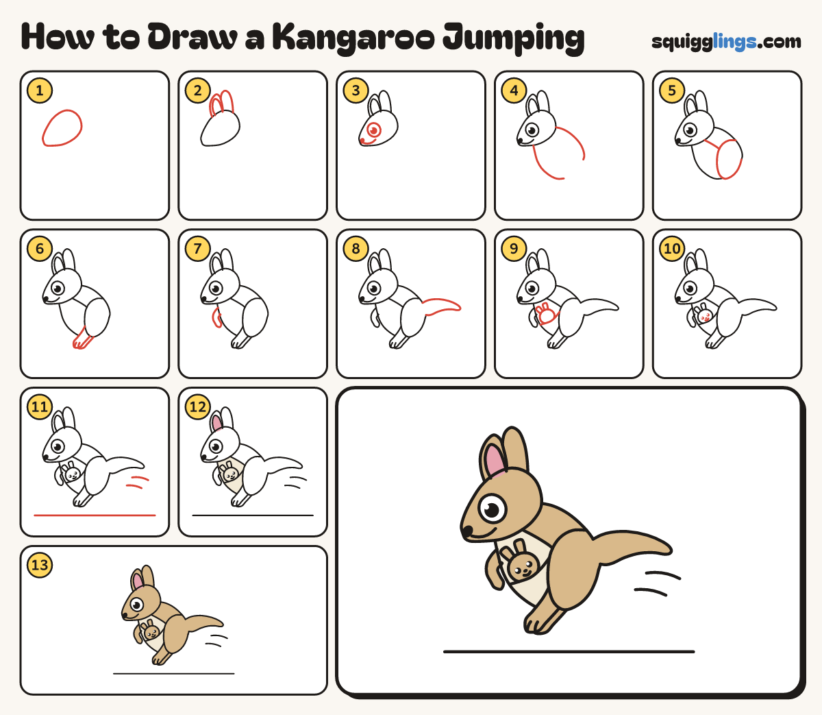 How to Draw a Kangaroo Jumping step by step: all 13 steps in one picture
