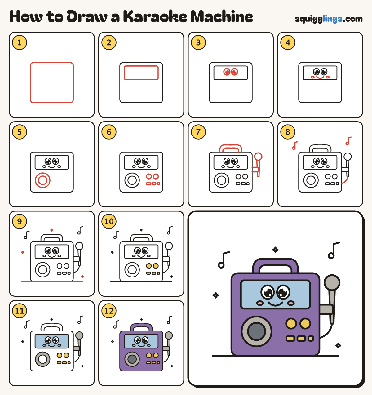How to Draw a Karaoke Machine step by step: all 12 steps in one picture