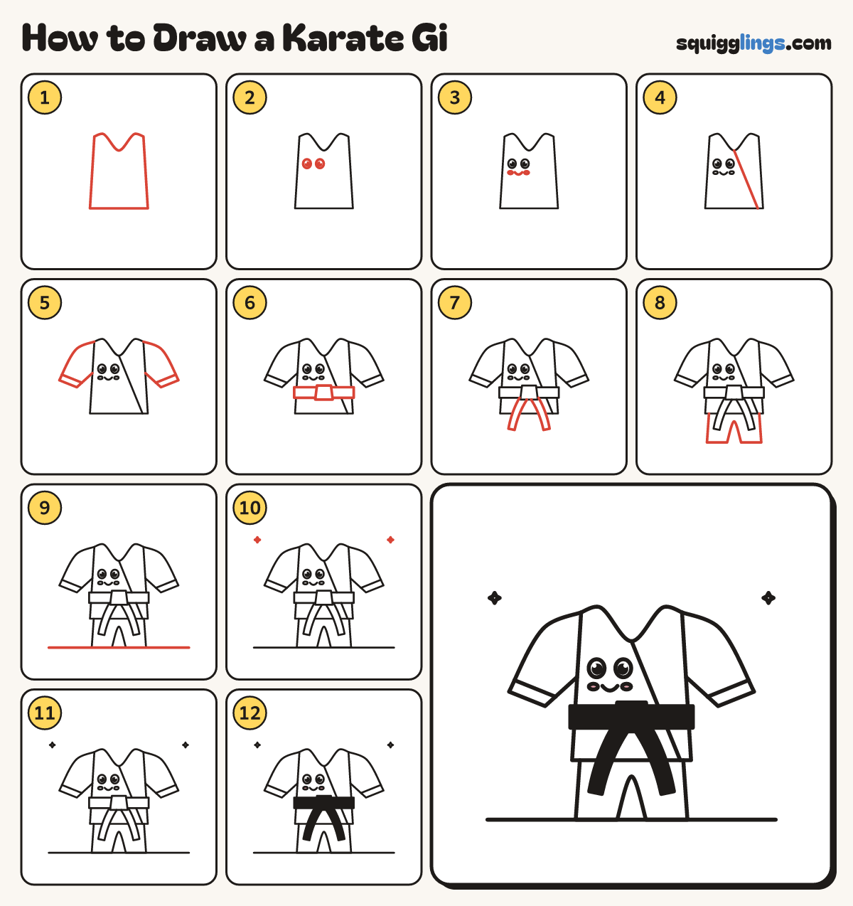 How to Draw a Karate Gi step by step: all 12 steps in one picture