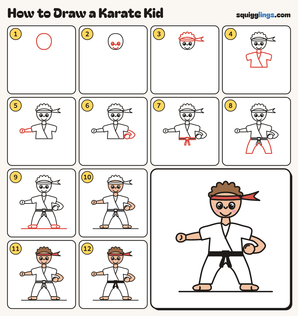 How to Draw a Karate Kid step by step: all 12 steps in one picture