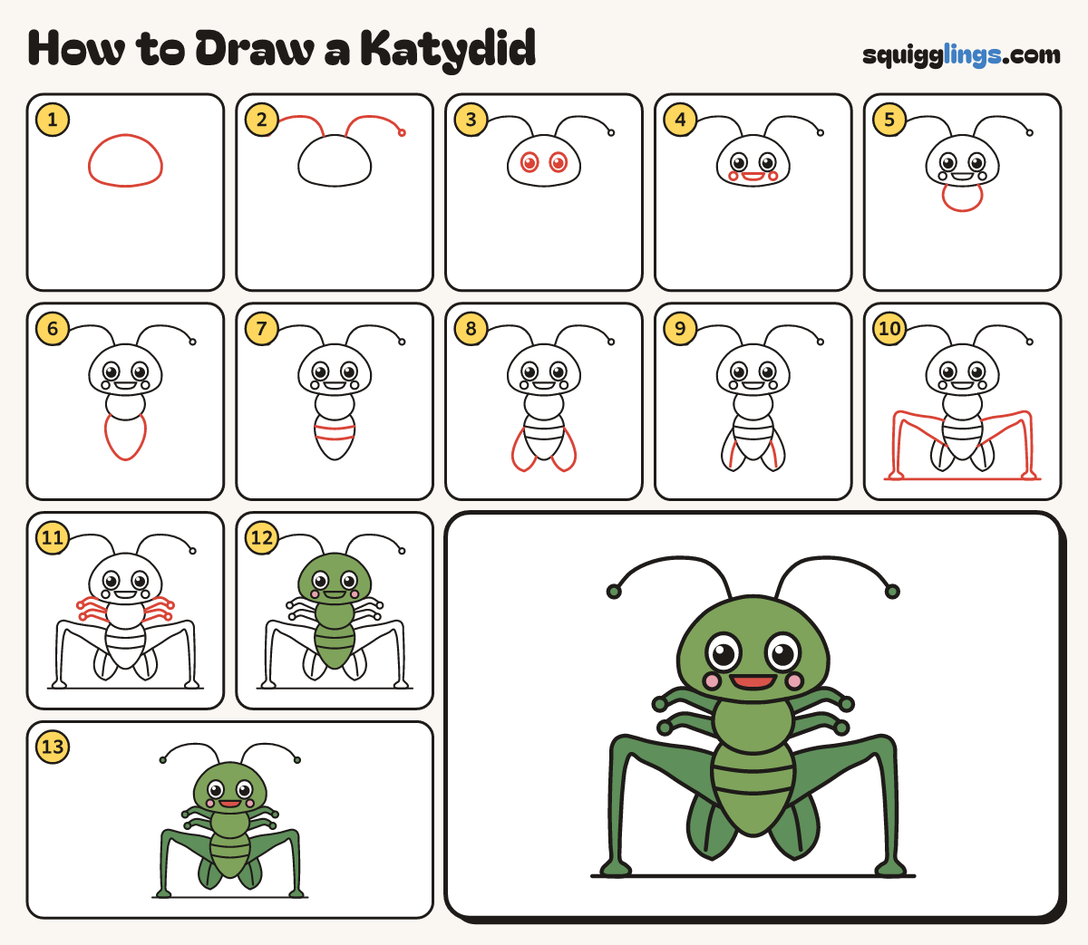 How to Draw a Katydid step by step: all 13 steps in one picture