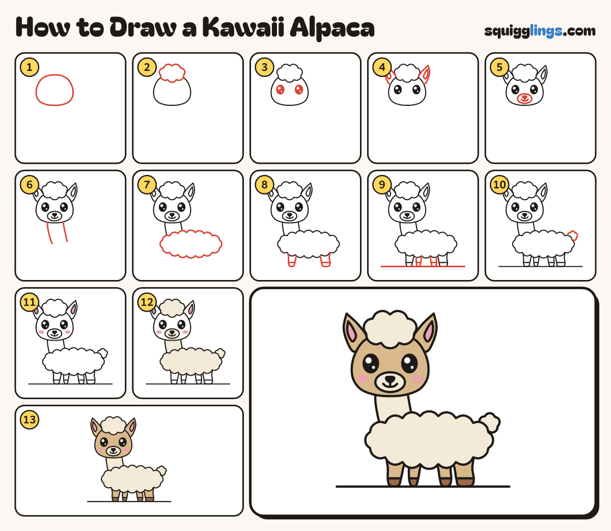 How to Draw a Kawaii Alpaca step by step: all 13 steps in one picture
