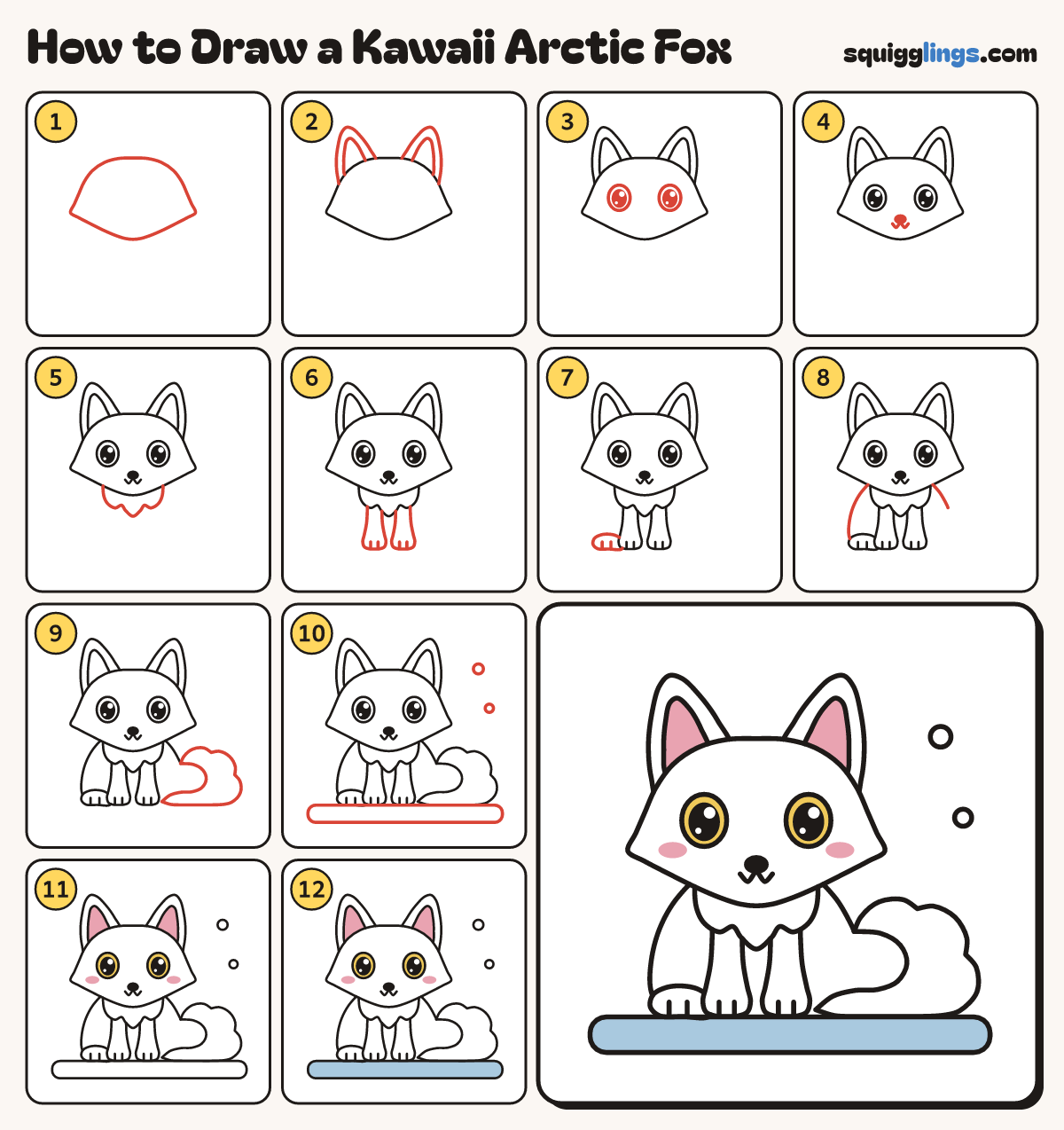 How to Draw a Kawaii Arctic Fox step by step: all 12 steps in one picture