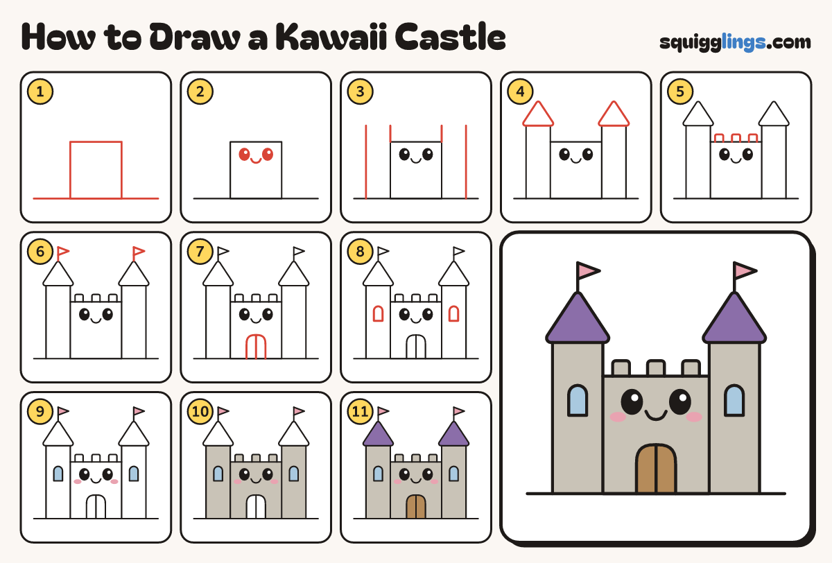 How to Draw a Kawaii Castle step by step: all 11 steps in one picture