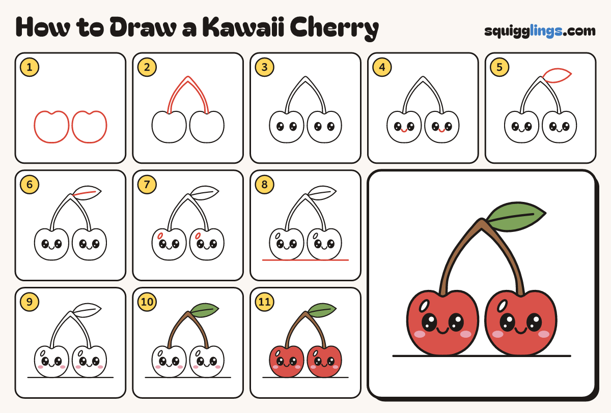 How to Draw a Kawaii Cherry step by step: all 11 steps in one picture