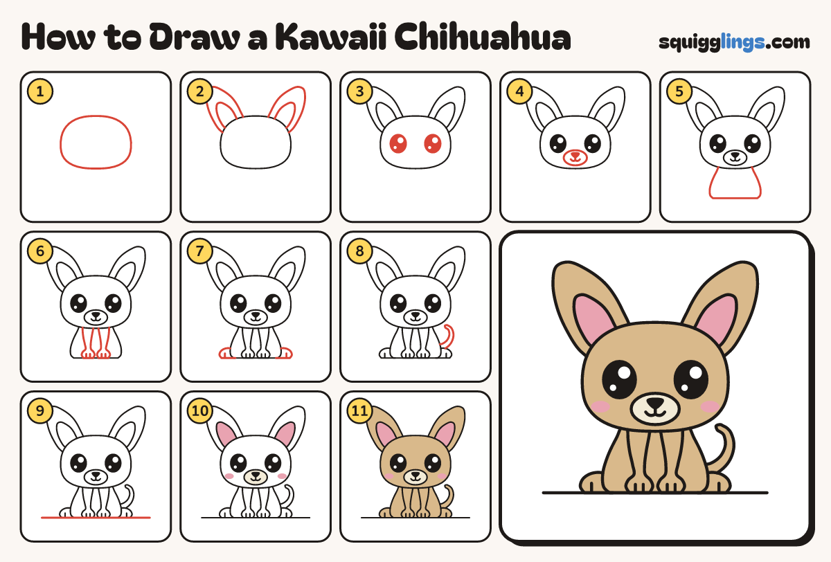 How to Draw a Kawaii Chihuahua step by step: all 11 steps in one picture