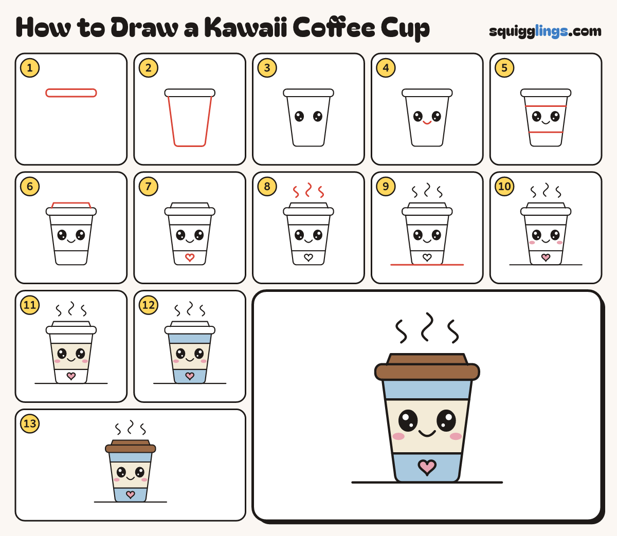 How to Draw a Kawaii Coffee Cup step by step: all 13 steps in one picture