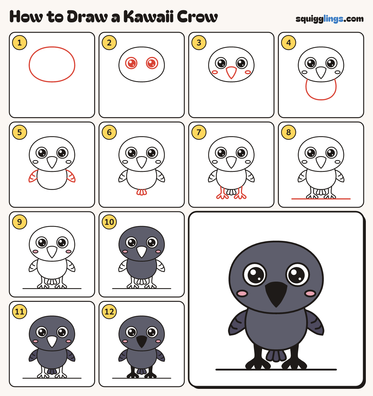 How to Draw a Kawaii Crow step by step: all 12 steps in one picture