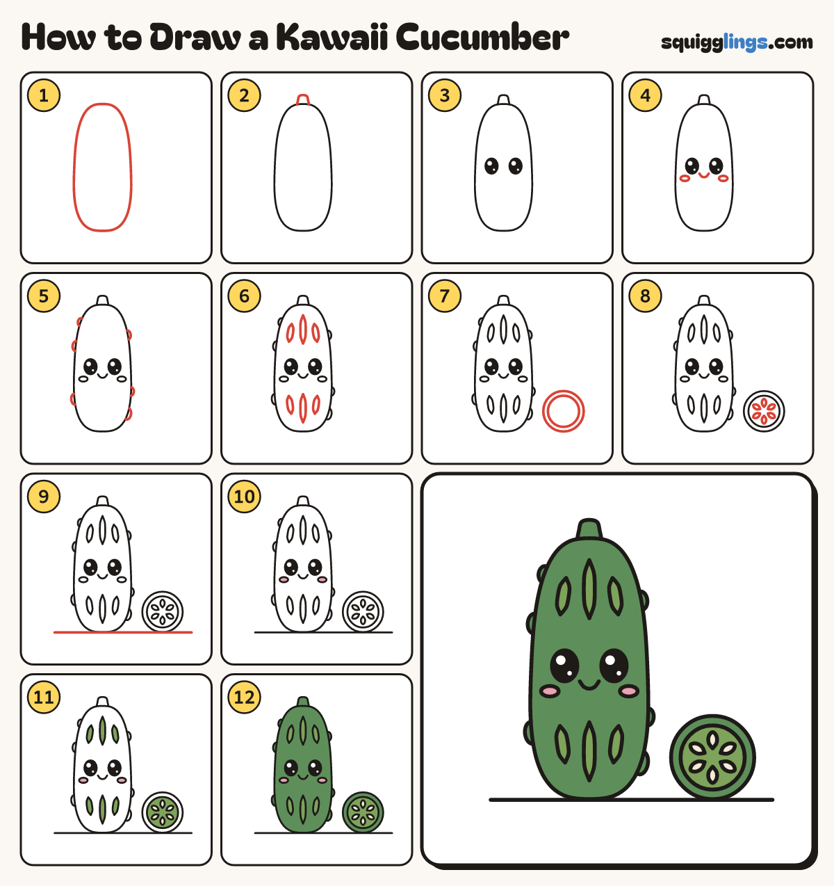 How to Draw a Kawaii Cucumber step by step: all 12 steps in one picture
