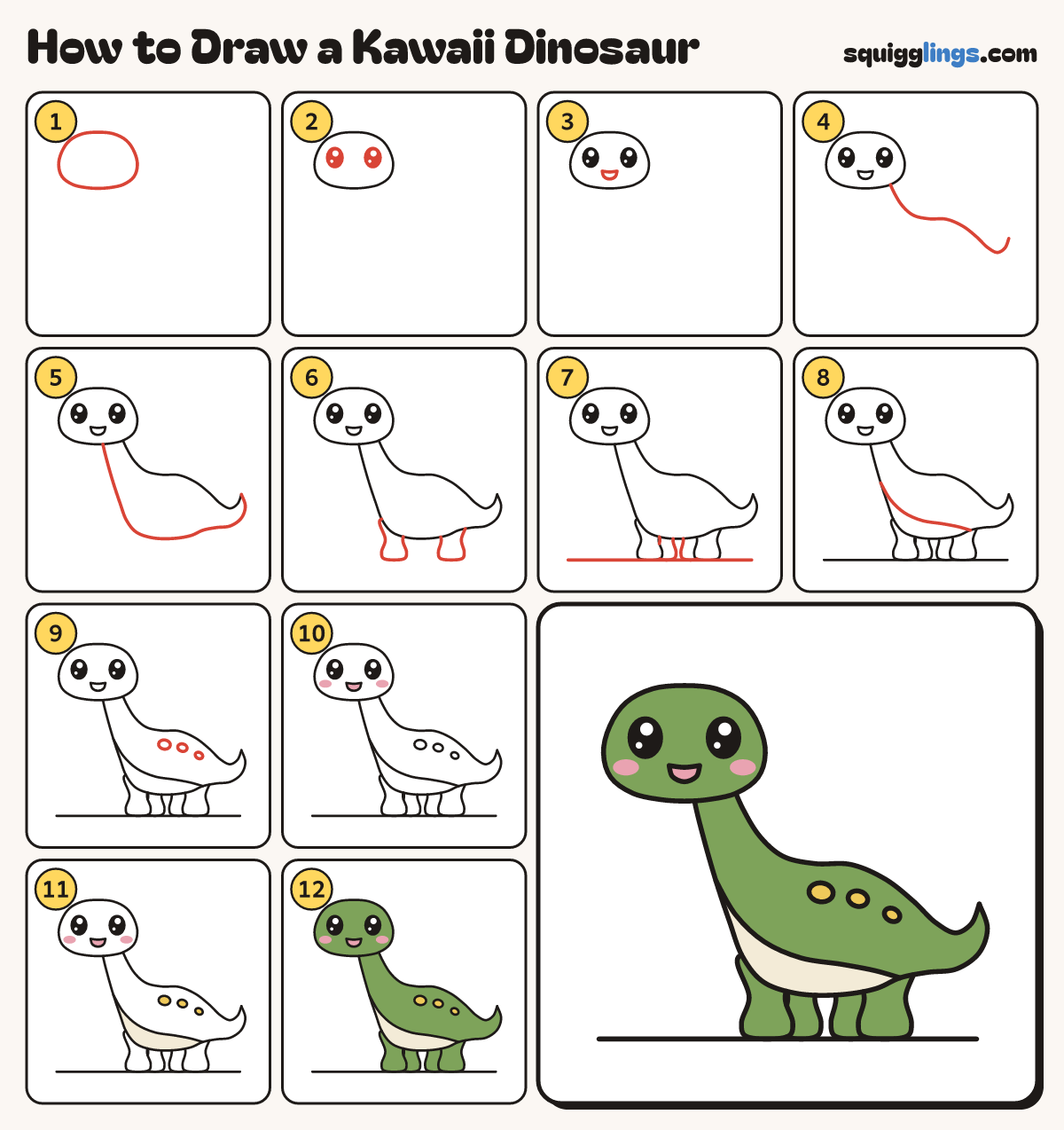 How to Draw a Kawaii Dinosaur step by step: all 12 steps in one picture