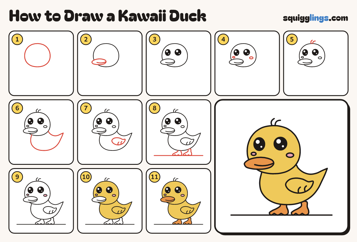 How to Draw a Kawaii Duck step by step: all 11 steps in one picture