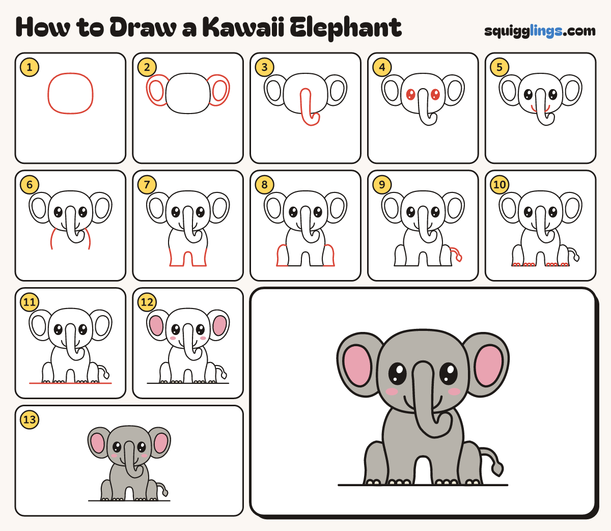 How to Draw a Kawaii Elephant step by step: all 13 steps in one picture