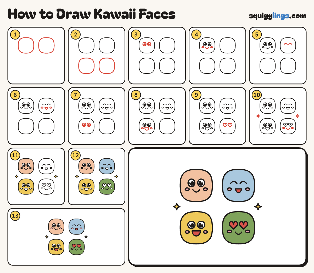 How to Draw Kawaii Faces step by step: all 13 steps in one picture