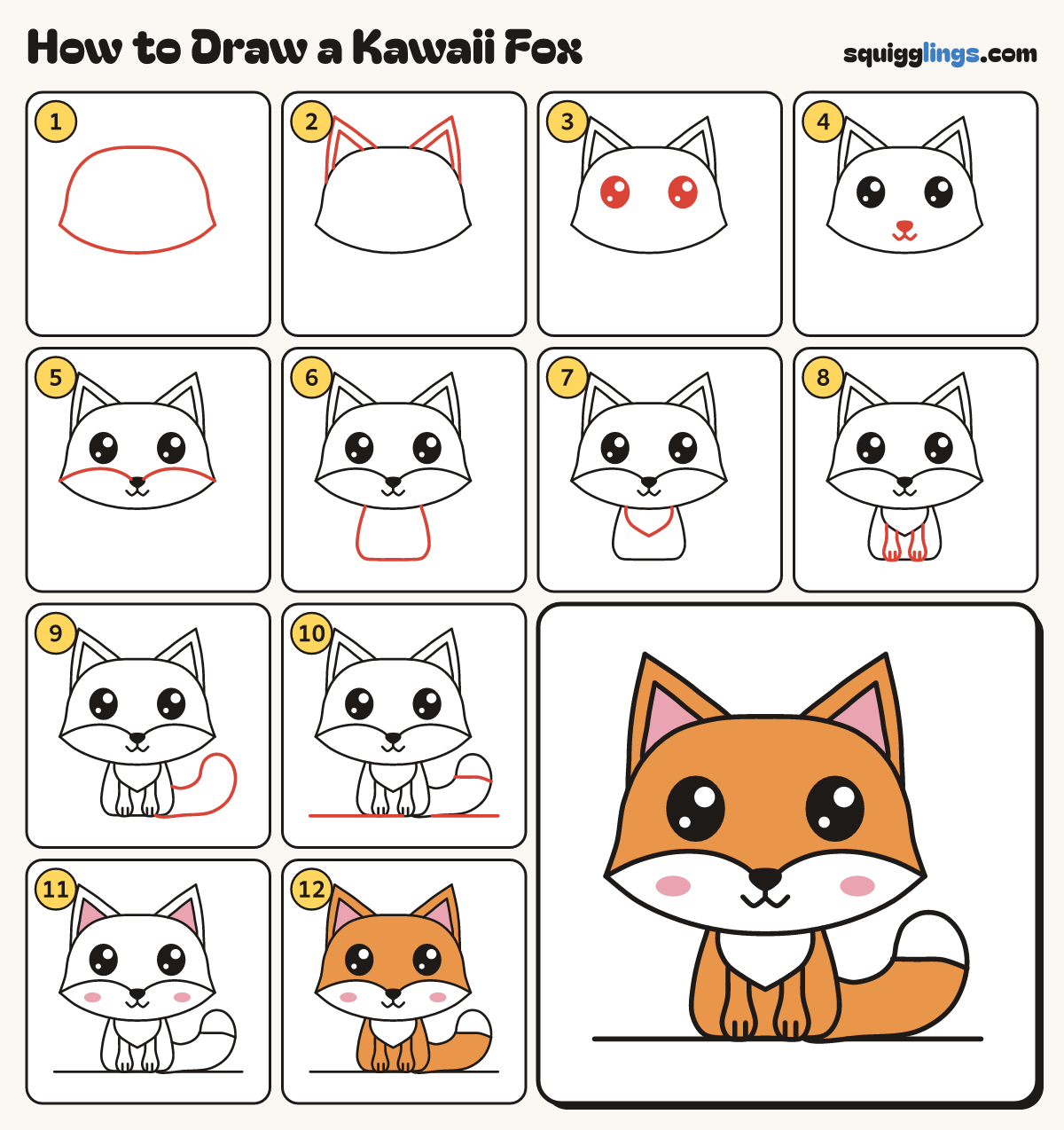 How to Draw a Kawaii Fox step by step: all 12 steps in one picture