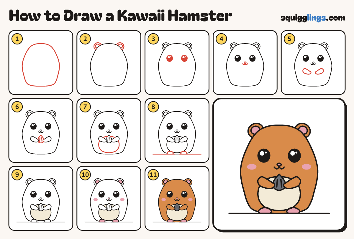 How to Draw a Kawaii Hamster step by step: all 11 steps in one picture