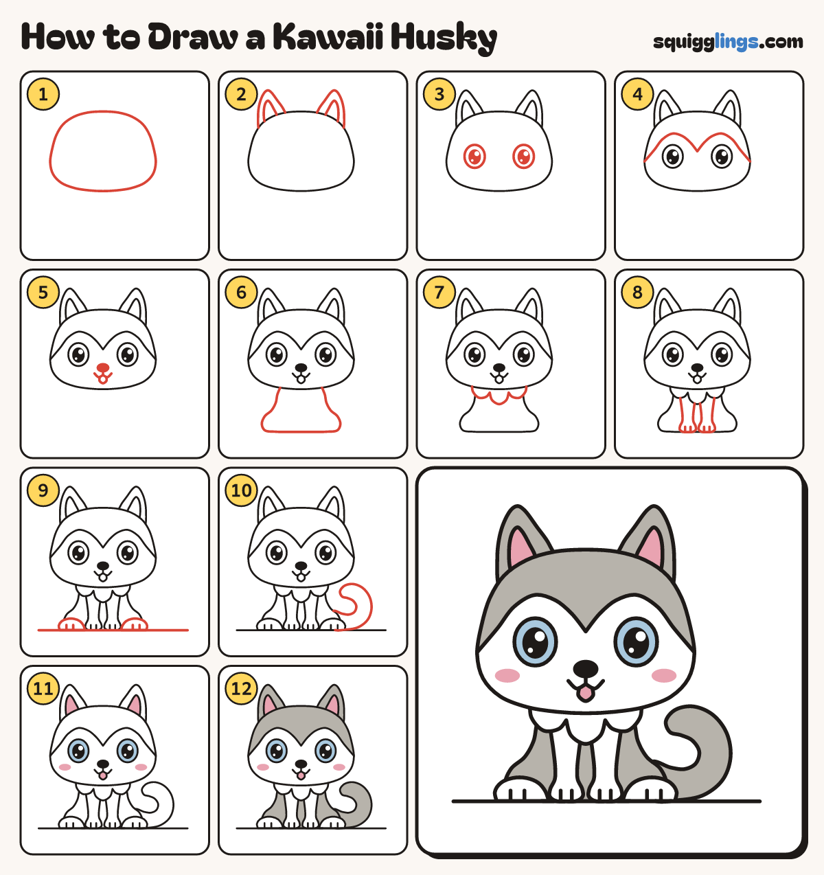 How to Draw a Kawaii Husky step by step: all 12 steps in one picture