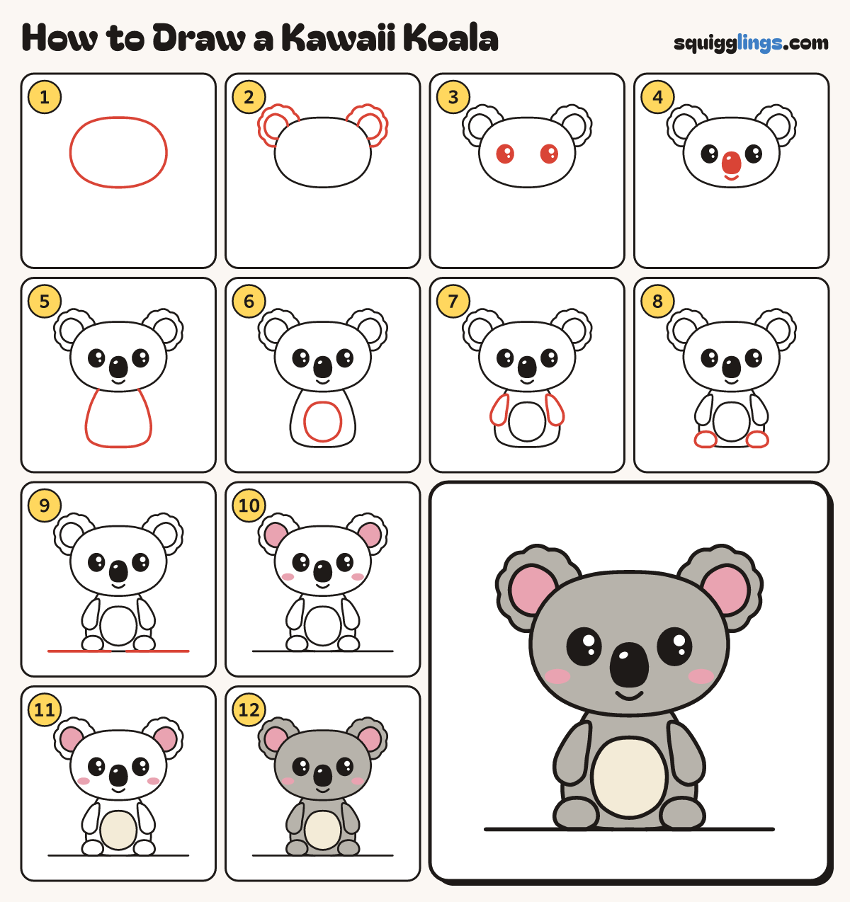 How to Draw a Kawaii Koala step by step: all 12 steps in one picture