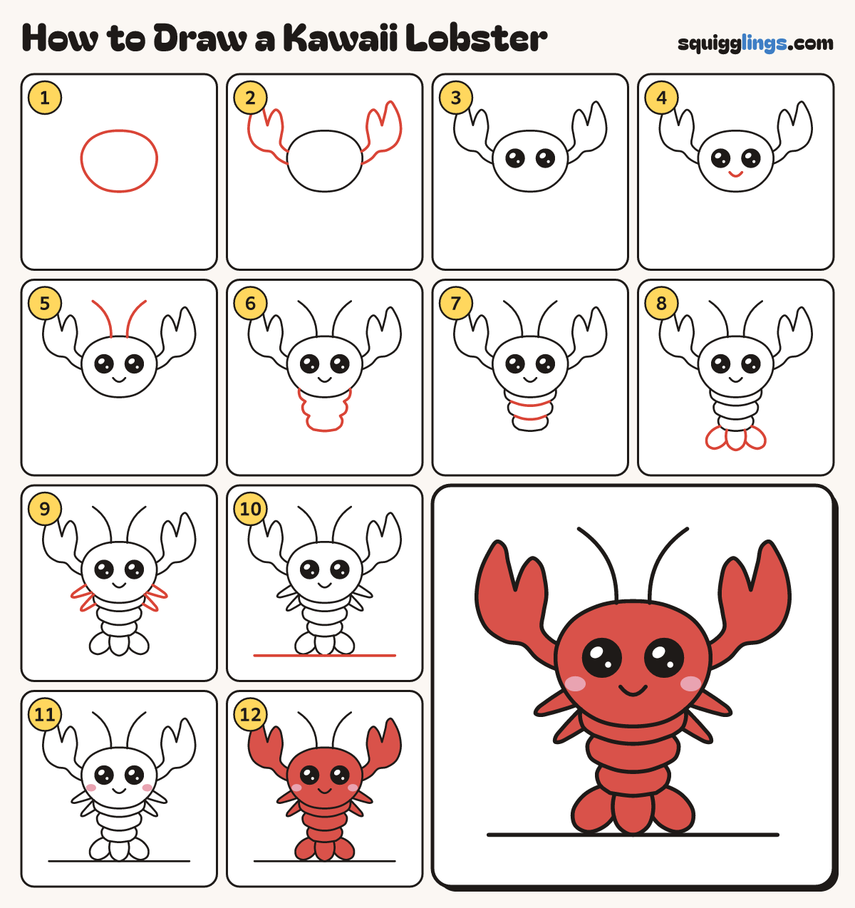 How to Draw a Kawaii Lobster step by step: all 12 steps in one picture