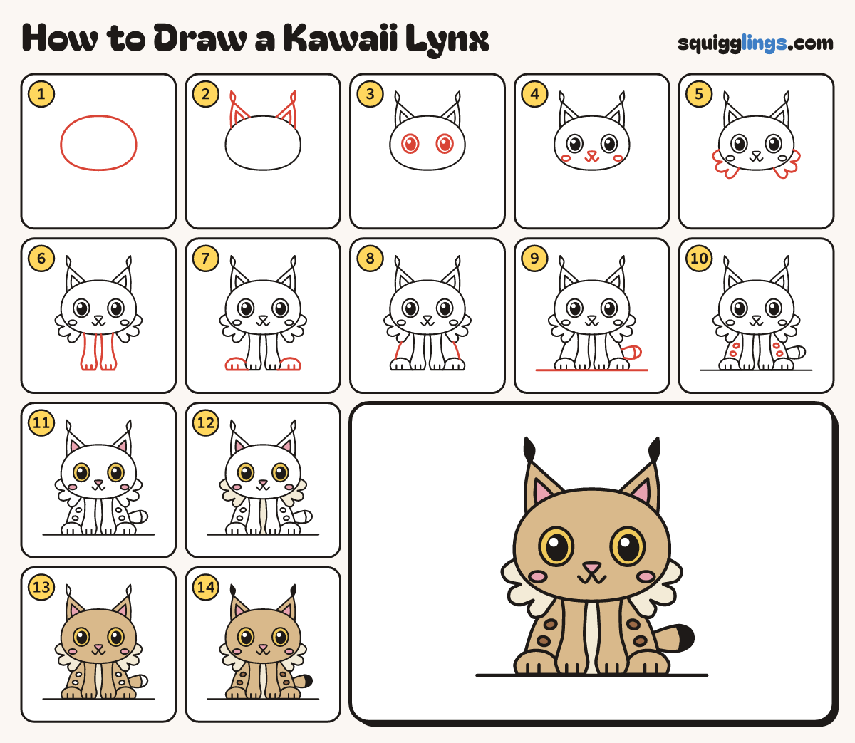 How to Draw a Kawaii Lynx step by step: all 14 steps in one picture