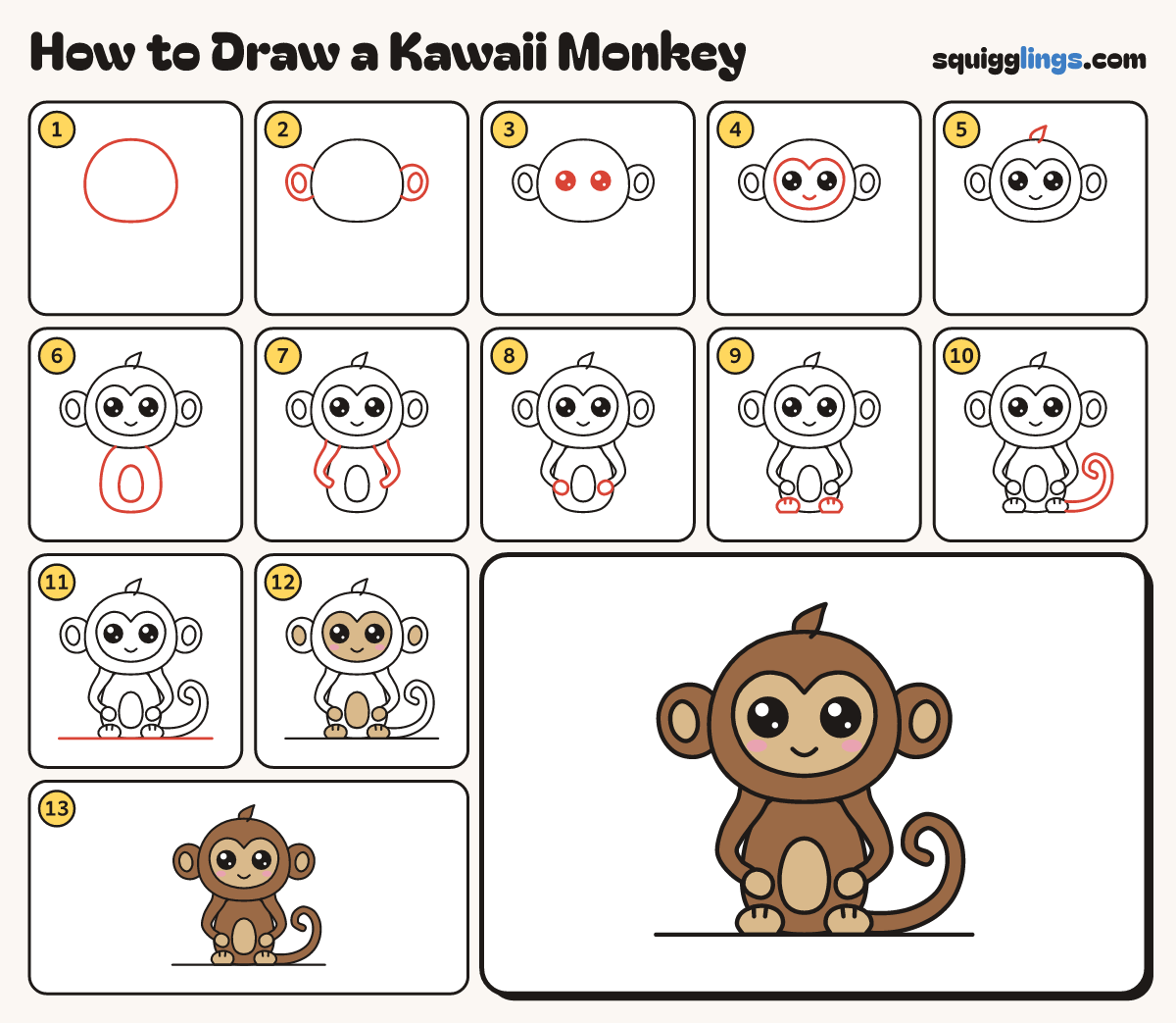 How to Draw a Kawaii Monkey step by step: all 13 steps in one picture
