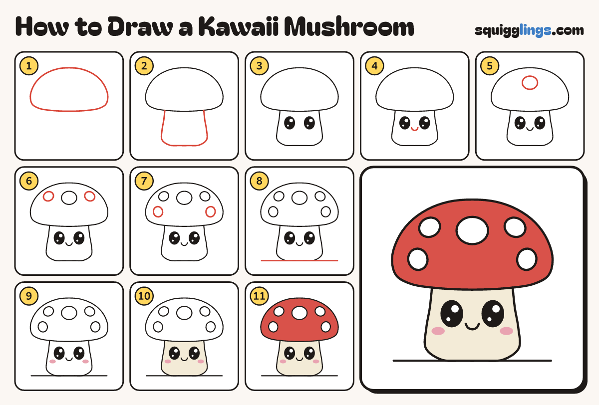 How to Draw a Kawaii Mushroom step by step: all 11 steps in one picture