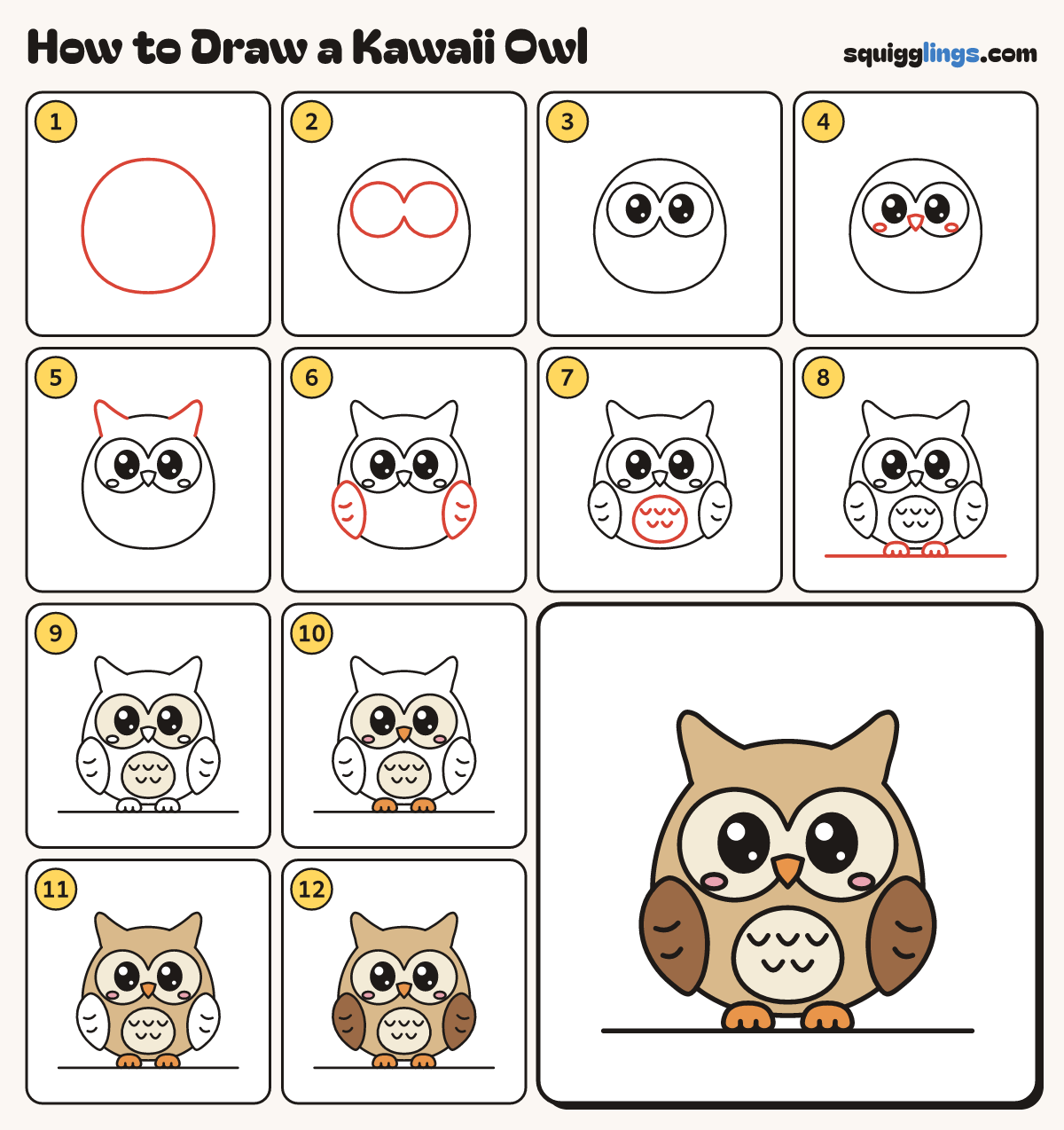 How to Draw a Kawaii Owl step by step: all 12 steps in one picture