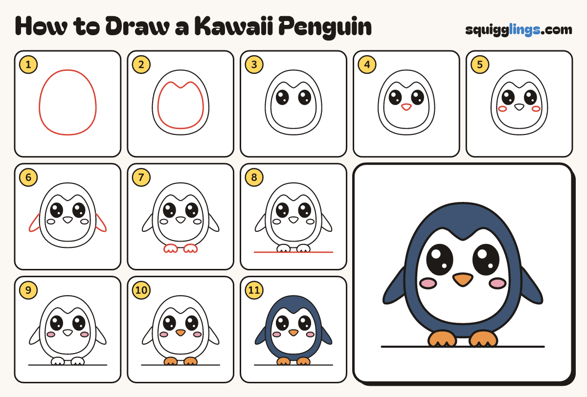 How to Draw a Kawaii Penguin step by step: all 11 steps in one picture